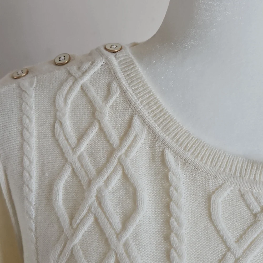 Talbots Cable Knit Sweater Cream Button Shouders 30% Lambswool 2X Soft Neutral